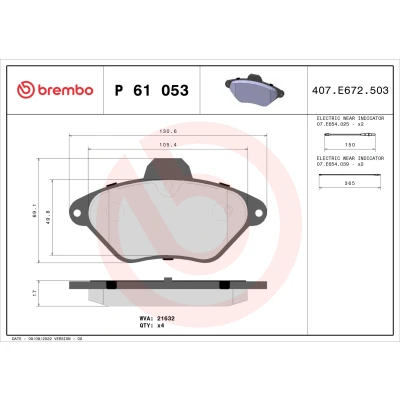 Image de BREMBO P 61 053 Jeu de plaquettes frein contact signal d&#039;usure inclus sans accessoires CITROËN: Xantia 3/5 portes, Break