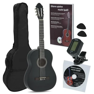 Image de JUAN MIGUEL NAVARREZ guitare classique 4/4 starter set noir (sac, tuner, picks, livre avec CD)