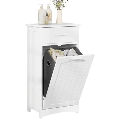 Image de EUGAD Meuble Panier à Linge, Salle de Bain avec Armoire Bain, 1 Tiroir, Corbeille Linge 2 Compartiments, en MDF et Tissu, Blanc, 42x30x82cm