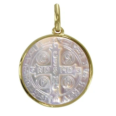 Image de LES POULETTES BIJOUX Pendentif Plaqué Or et Nacre Médaille Ronde Croix de Saint Benoit