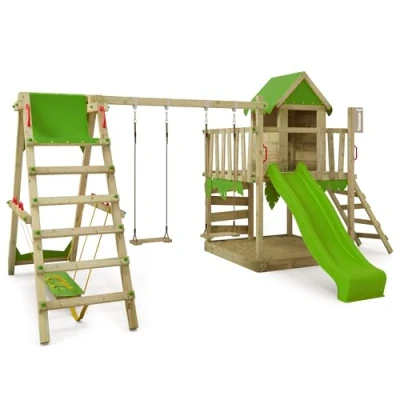 Image de FATMOOSE Aire de jeux JazzyJungle Jam XXL portique en bois avec SurfSwing balançoire et toboggan vert pomme tour d&#039;escalade pour enfants bac à sable, échelle accessoires jeu le jardin.