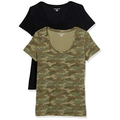 Image de Amazon Essentials T Shirt à Encolure Dégagée Coupe Classique Manches Courtes (Grandes Tailles Disponibles) Femme, Lot de 2, Noir/Vert Camouflage, S