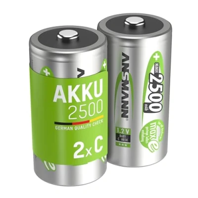 Image de ANSMANN Piles Rechargeables C NiMH 2500 mAh 1,2V (Lot de 2) HR14 à Haute capacité &amp; Faible autodécharge Accumulateurs pour Jouet Enfant, télécommande, Lampe Torche, Radio réveil, etc.
