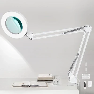 Image de Lampe Loupe LED 5X, de Bureau avec Pince, Bras Pivotant Métallique Réglable, 3 Modes Couleur, Gradation en Continu, Fonction Mémoire, pour Réparation/Couture/Travail/Lecture