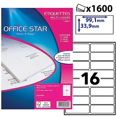 Image de OFFICE STAR 1600 Étiquettes Autocollantes Blanches Personnalisables 99,1 x 33,9 mm Compatibles Laser et Jet d&#039;Encre
