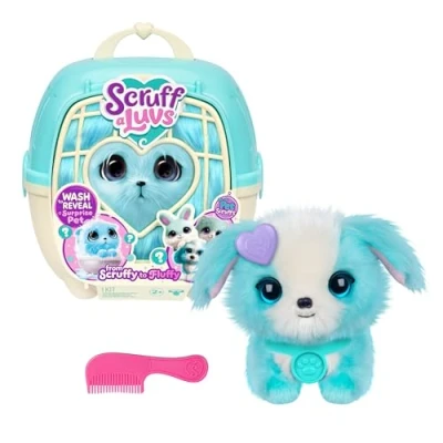 Image de Scruffs de Compagnie ScruffaLuvs Bleu Peluche mystère, 19 cm Lave et découvre Un Chiot, Lapin ou Chaton avec Caisse Transport Deluxe 22