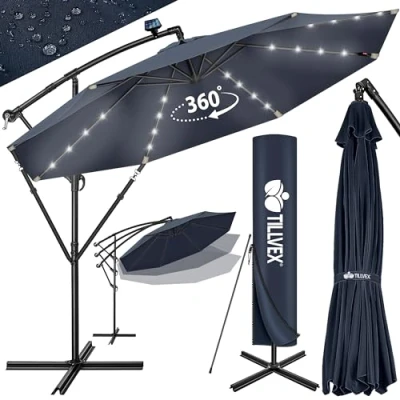 Image de tillvex Parasol déporté LED solaire hexagonale 3M avec manivelle Pare soleil pied Protection UV en aluminium pour le jardin à marché déperlant