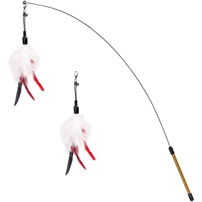 Image de Pawaboo Plumeau de Jeu pour Chat, Canne à Pêche avec Une Baguette Extra Large 88cm et Petite Clochette, Jouet Chat Chaton, Bâton Fil Chaser, Plume Rouge Vineux Blanc