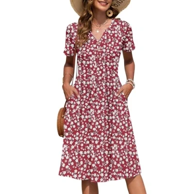 Image de AUSELILY Robe Femme d&#039;été à Manches Courtes Longueur Genou Col en V avec Boutons Robes Mi Longue Style Empire Poches Petites Fleurs Rouges XXL