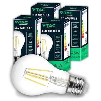 Image de V TAC 4x Ampoule LED Filament E27 [ Haute Efficacité 6W ] A60 600 Lumens (Équivalent à 45W) Ampoules Basse Consommation 3000K Blanc Chaud