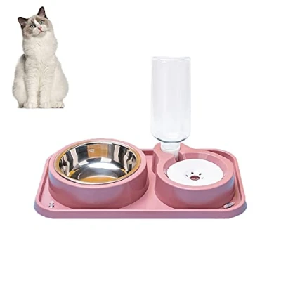 Image de Kakbrt Gamelles pour Chat,Bols à Eau par Gravité et Double Nourriture Sèche Humide Chat,2 en 1 Distributeur Automatique d&#039;alimentation Chaton Chiot (Rose)