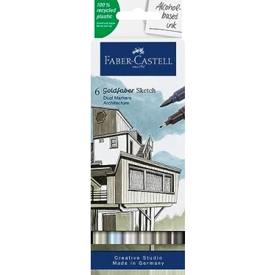 Image de Faber Castell 164807 Goldfaber Sketch Marker Architecture, étui de 6 marqueurs à alcool avec pointe Brush et Fineliner