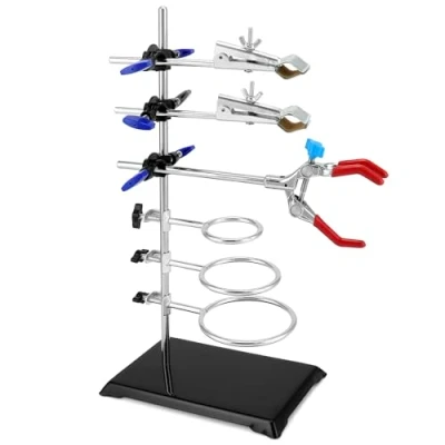 Image de QWORK® Set de supports laboratoire 60 cm, avec clips réglables et cerceaux ronds pour expériences chimiques physiques en