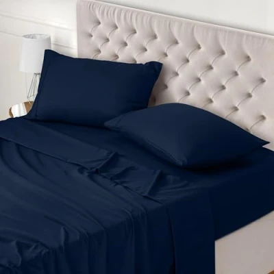 Image de Utopia Bedding Parure de Lit 135x190, Draps 2 Personnes, Ensemble Drap 4 Pièces, Polyester Microfibre, 1 Housse Plat 225x255 et Taies d&#039;oreillers 50x75, Bleu Marine