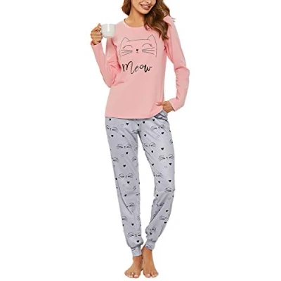 Image de Sykooria Pyjama Femme Hiver Coton Vêtements de Nuit à Manches Longues Col Rond Ensemble 2 Pièces Doux et Confortable Rose foncé XXL
