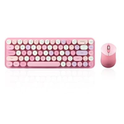Image de Ensemble mini clavier et souris sans fil Bluetooth Perixx, touches rondes rétro, disposition rose anglaise PERIDUO 802PK