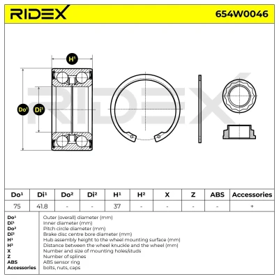 Image de RIDEX 654W0046 Kit de roulements roue des deux côtés du pont arrière 75,0 BMW: 3 Coupe, Cabriolet, Berline