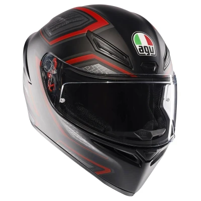 Image de AGV K1 S E2206, Casque Moto ECE, Style Course avec Spoiler, Aérations et Visière Résistante aux Rayures, Champ de Vision 190, Compatible Interphones, Sling Matt Black/Red, Unisex, XL
