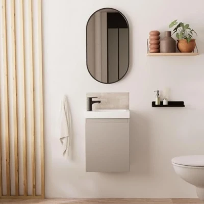 Image de Meuble Lave Mains Lisa Gris Sable + Robinet Noir Miroir Ovale