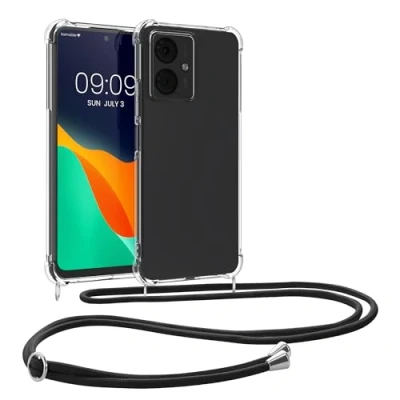 Image de kwmobile Coque Collier Compatible avec Motorola Moto G14 Housse de Protection en TPU Cordon Sangle Noir Transparent