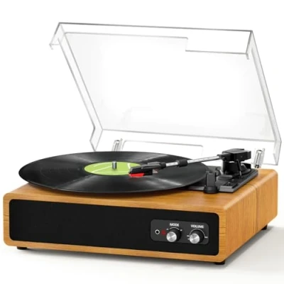 Image de Platine Vinyle, FYDEE Tourne Disque Vinyle Bluetooth avec Émetteur pour Enceintes, Portable 3 Vitesses 33/45/78 TR/Min, 2 Haut Parleurs Intégrés, Sortie RCA, Entrée AUX Chêne