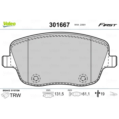 Image de VALEO 301667 Jeu de plaquettes frein FIRST Essieu avant contact signal d&#039;usure exclu avec tôle anti bruit SKODA: Roomster, Fabia I 5 portes