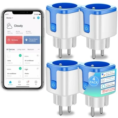 Image de SURFOU Prise Connectée Mesure Consommation Type E, Compatible avec Alexa, Google Home et SmartThings, Wifi Programmable, Commande Vocale, Télécommande APP, Horaires/Minuterie, 4 Pack
