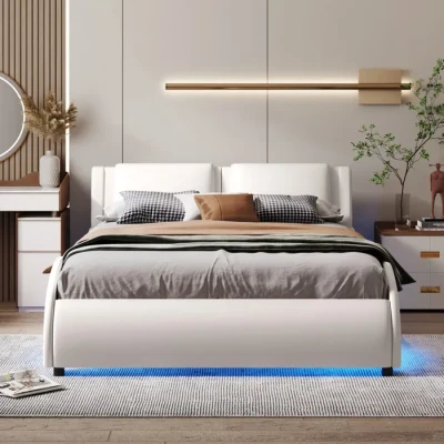 Image de Structure de lit Haute qualité nouveau rembourré Design 140 * 200cm en similicuir avec cadre LED base à lattes