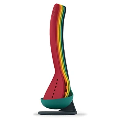 Image de Joseph Nest Ustensils Plus Ensemble de 5 Ustensiles en Nylon Aimantés, Cuillère, Cuillère à spaghettis, Louche, Ecumoires Livré avec son Porte Multicolore