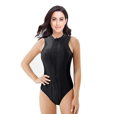 Image de BEACHKINI Maillot de Bain Une pièce pour Femmes sans Manches avec Fermeture éclair sur Le Devant Triangle,69 Noir,M