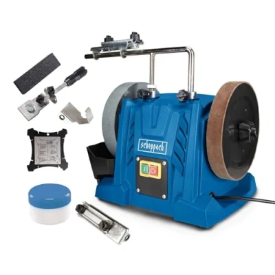 Image de Scheppach Affûteuse à eau TIGER 5000S HOMEKIT 150W Meule en corindon supérieur de Ø 200mm, dispositif universel 40,60,70 inclus Pâte poncer Disque cuir Jauge d&#039;angle