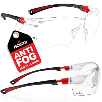 Image de NoCry Safety Glasses with Clear Anti Fog Scratch Resistant Wrap Around Lenses and Non Slip Grips, UV Protection. Adjustable, Black &amp; Red Frames