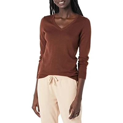 Image de Amazon Essentials Pull Col en v À Manches Longues Léger Coupe Classique (Grandes Tailles Disponibles) Femme, Brun Caramel, XXL