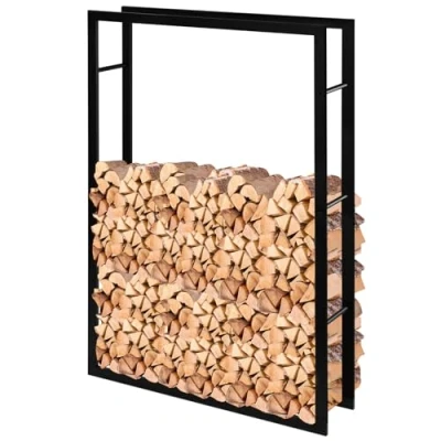 Image de Laneetal Range Bûches, Étagère pour Bois de Cheminée Intérieur Extérieur,150x100x25 cm, Chauffage, Aide à l&#039;Empilage du Bois, Abri Porte Fendu, Métal, Noir