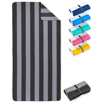 Image de Fit Flip Serviette de Plage Microfibre Fine et légère à séchage Rapide Drap XXL 100% recyclée rayé Gris foncé 200cm x 90cm