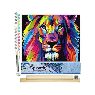Image de Figured&#039;Art Peinture par Numéro Adulte Lion Pop Art Activité Manuelle Kit de Loisir Créatif DIY d&#039;Art Complet 40x50cm avec châssis en bois à monter