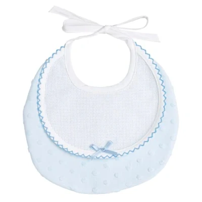 Image de Filet Bavoir rond en tissu doux avec pois effet 3D insert toile Aida à broder, fermeture lacets, fabriqué Italie, couleur bleu clair