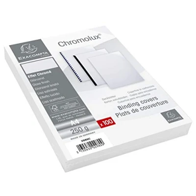 Image de Exacompta Réf. 2980C Paquet de 100 plats en carte 230g/m2 haute brillance à l&#039;effet miroir 1 face brillante et mat pour couvertures Chromolux format classer A4 couleur blanc
