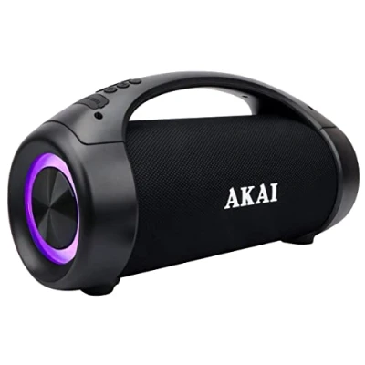 Image de Akai Haut parleur sans fil portable, Boombox étanche, étanche (IPX5), charge rapide, type C, effets lumineux, Bluetooth A2DP, Radio FM, Lumières RVB, Micro SD, USB, 50W, Noir