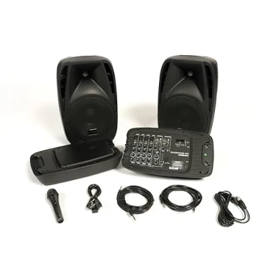Image de Woodbrass Stage Power 210 Kit Sonorisation Enceintes Puissantes Bluetooth 150W 96db Sono Mobile, Robuste, Compacte, Performante, 6 entrées, sans Fil, USB DJ, Fête, Conférence, Fitness