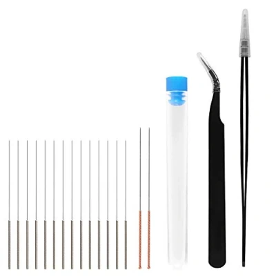 Image de Aokin 19 Kit de nettoyage buse d&#039;imprimante 3D 16 Pcs 0.15mm 0.25mm 0.35mm 0.4mm 0.5mm Nettoyeur d&#039;aiguilles et 2 Pince à épiler, d&#039;outils en acier inoxydable