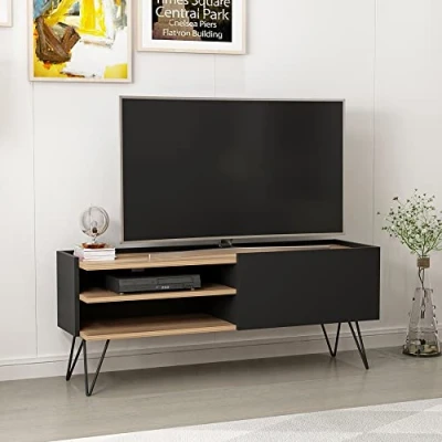 Image de [en.casa] Meuble TV de Salon à Porte Support Banc Télé avec 2 Étagères Compartiment Fermé Panneau Particules Métal 50 x 124 37 cm Noir Effet Bois
