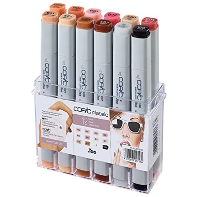 Image de COPIC Marker Set de 12 marqueurs à encre alcool permanente double pointe, pointe fine et large biseautée, rechargeable Couleurs Portraits