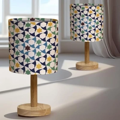 Image de lampe de chevet chambre table salon veilleuse d&#039;ambiance abats jour design multicolore lumiere E14 Led originale pieds modernes en bois (Star Of Alhambra, 2 unités)