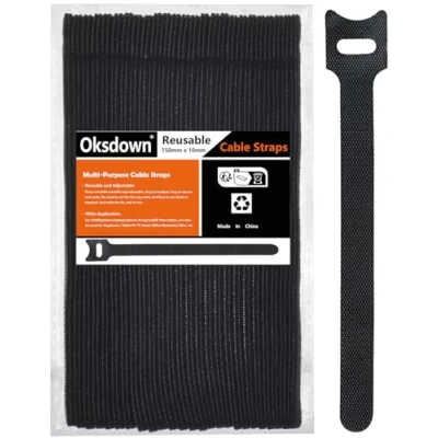 Image de Oksdown Lot de 50 Noir Attaches Câble Sangle Réutilisable Scratch Serre Bande avec Crochet et Boucle pour la Gestion des Câbles Organisation