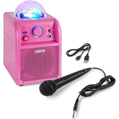 Image de Vonyx SBS50P Enceinte Karaoké avec Microphone Rose, Fonction Bluetooth et Effet Lumineux LED, Autonomie 3 4h Max, Jelly Ball, Boule Disco, Parfait pour Une Soirée Entre Amis/Famille