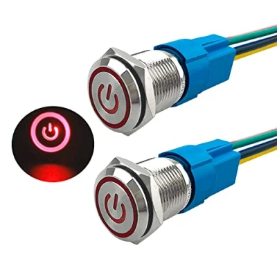 Image de Aiqeer 2 Pièces 16 mm Commutateur Bouton Poussoir Auto Bloquant, 12V / 24V 5A Interrupteur à en Acier Inoxydable Étanche IP67, avec Prise Pré Câblée (LED Rouge)
