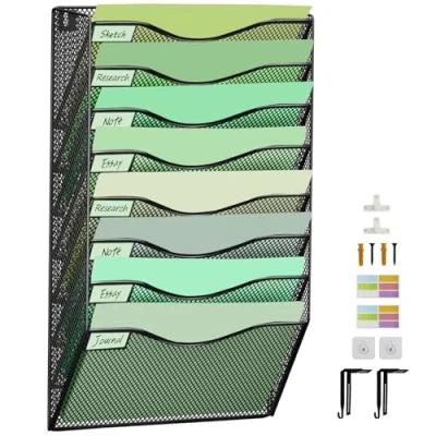 Image de IOUGDSEC porte documents mural en maille à 8 niveaux, organiseur vertical moyenne suspendre, dossiers, magazines, crochets pour étiquettes de nom, noir
