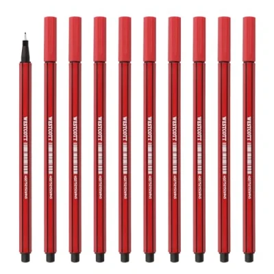 Image de Westcott E 737784 00 Lot de 10 feutres fins qualité supérieure rouges avec épaisseur trait 0,4 mm Pointe précise bordée métal Encre à base d&#039;eau séchage rapide