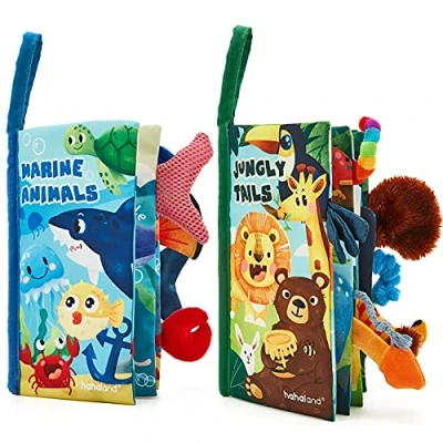 Image de hahaland Jouet de Livre Tissu pour Bébé 0 3 6 Mois Poussette 8 9 Suspendre Set Doux Froissé Convient Un Cadeau Naissance Fille Garçon, 2PCS